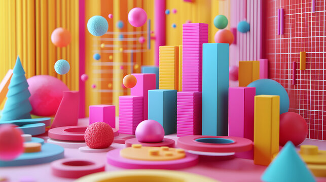 A data-driven infographic featuring 3D charts and graphs, with each data element highlighted in vibrant colors for easy readability