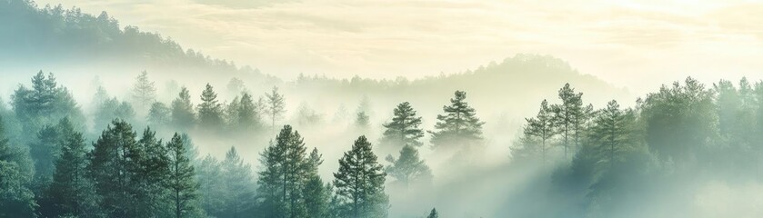 Obraz premium A serene forest landscape shrouded in morning mist, creating a peaceful atmosphere that invites reflection and tranquility.
