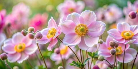 Fototapeta premium Captivating Japanese Anemone blooming with delicate pink flowers in a summer garden, Japanese Anemone, blooming