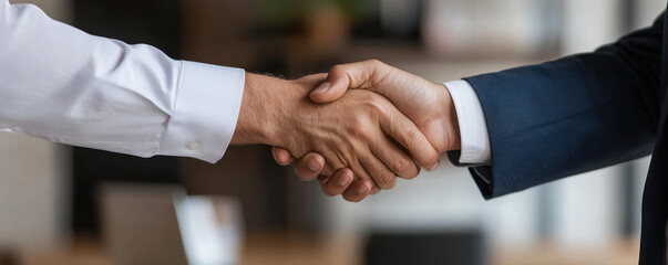 Obraz premium Close-up of two businessmen shaking hands in agreement, symbolizing partnership, trust, and successful business negotiations.