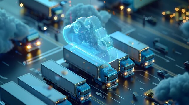 Cloud icon hovering over a line of trucks with symbolizing impact of cloud computing for logistics transportation supply chain efficiency and digital innovation concept.