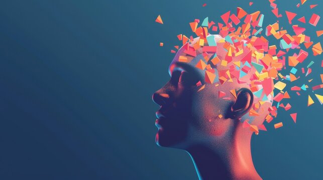A vibrant visual of a human head with colorful fragments exploding from the top, symbolizing creativity and imagination.