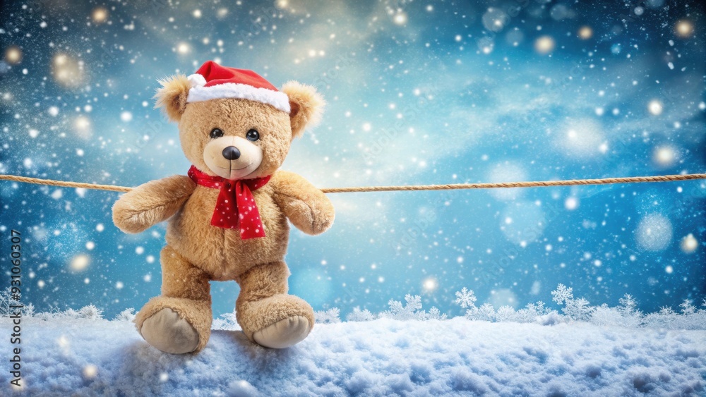 Poster Beautiful teddy bear on rope with Christmas snow background, teddy bear, cute, stuffed animal, rope, Christmas, snow, background