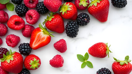 Obraz premium Juicy berries such as raspberries, strawberries, and blackberries on a white marble surface