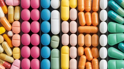 An array of colorful vitamin pills in a weekly pill organizer, emphasizing metabolism support, supplements, vitamins, organized health