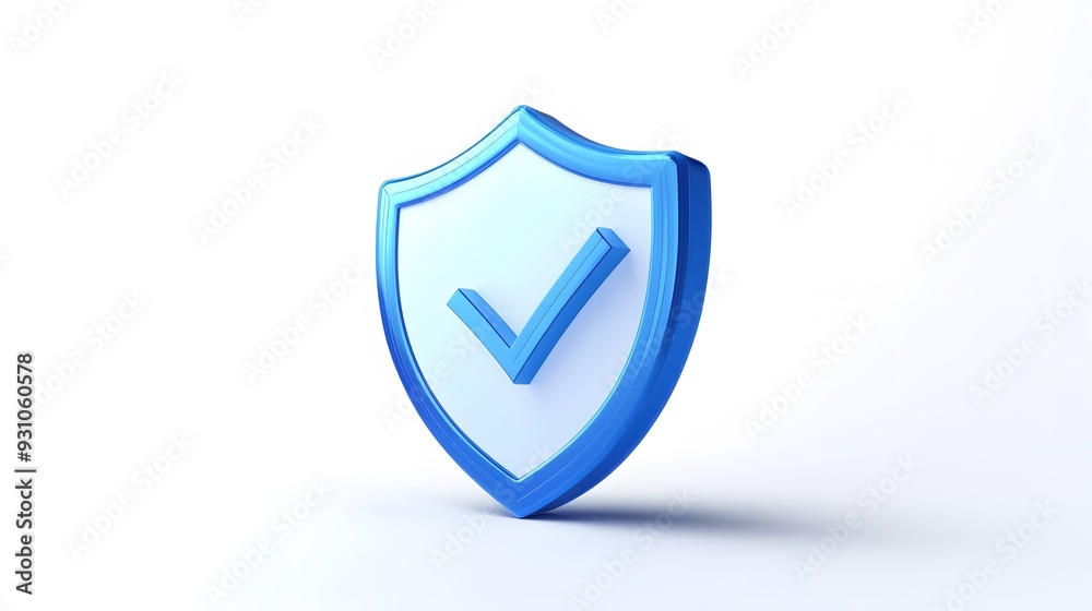 Wall mural cartoon 3d icon safety shield check mark perspective . blue symbol security safety icon. checkmark i