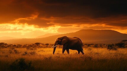 A majestic elephant stands in a golden landscape at sunset, embodying the beauty of nature and wildlife.