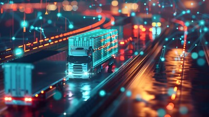 Obraz premium Futuristic semi-truck drives on a highway at night, surrounded by a digital network of glowing lines and points representing data and connectivity.
