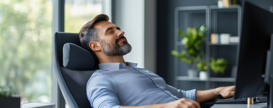 A man with a beard is leaning back in a chair, relaxing at his desk in a modern, well-lit office.