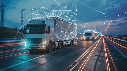 Semi-trucks drive down highway at night with digital network overlay for illustrating futuristic concept of advanced trucking technology and smart transportation system concept.