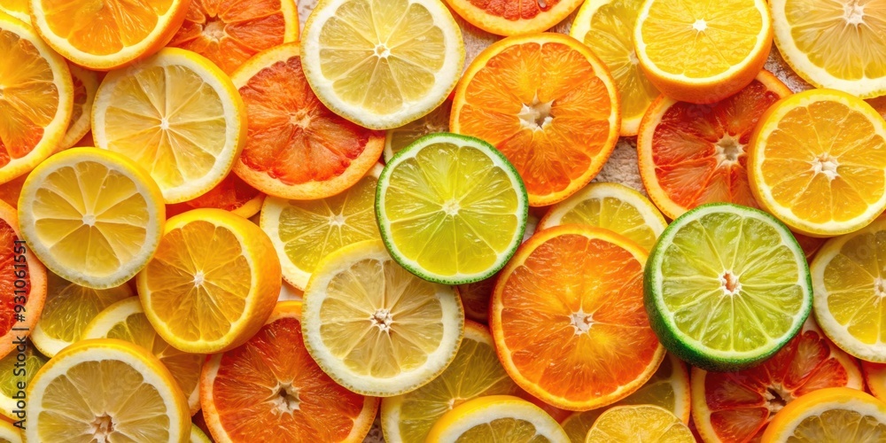 Wall mural Top view of sliced oranges and lemons creating a colorful background rich in Vitamin C , citrus fruits, vitamin C, healthy