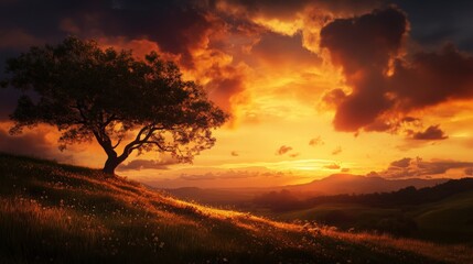 Naklejka premium A stunning sunset over rolling hills with a solitary tree silhouetted against the vibrant sky, creating a serene and picturesque scene.