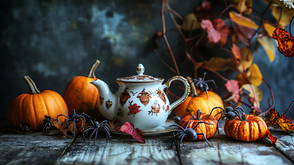 A rustic table setup with a teapot and teacup, surrounded by miniature pumpkins, spiders, and fall foliage 