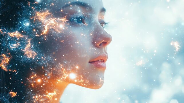 A beautiful woman is portrayed against a cosmic backdrop, blending the essence of humanity with the vastness of the universe.