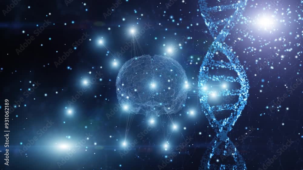 Wall mural dna structure with digital human brain rotation with glow particles motion background.