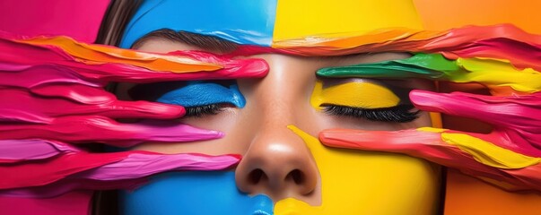 Obraz premium A vibrant portrait showcasing colorful face paint and artistic hands, capturing creativity and expression through vivid colors.