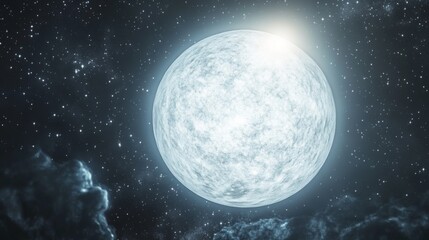Fototapeta premium White dwarf with bright white light, surrounded by complex textures. Delicate dark space background, adorned with distant stars, emphasizing the intense light and complex textures of celestial objects