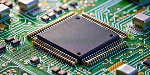 Close-up photo of a central electronic component in a circuit board , technology, electronics, microchip, circuit board