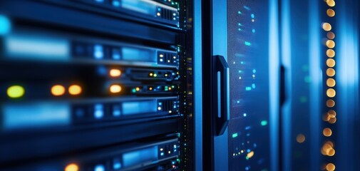 Close-up of server technology showcasing modern data storage equipment with illuminated panels and vibrant blue colors.