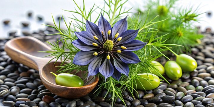 Black cumin plant with vibrant flowers, green leaves, and sturdy stalk, accompanied by black cumin oil capsules