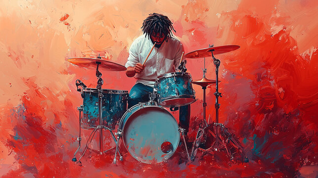 Rhythmic Fury: A drummer unleashes a torrent of sound, his passion igniting the canvas in a vibrant explosion of color. 