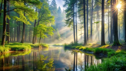 Obraz premium Misty morning in a serene forest setting, nature, foggy, trees, peaceful, tranquil, fog, woods, mist, atmosphere, dreamy