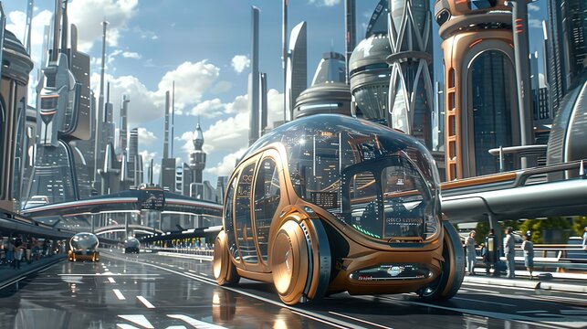 Futuristic cityscape with self-driving car navigating streets for advanced urban mobility smart transportation and next-generation technology integration concept.
