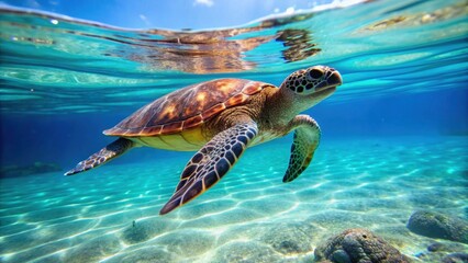 Obraz premium Turtle swimming gracefully in crystal-clear ocean waters, Wildlife, Underwater, Marine life, Aquatic, Reptile, Shell