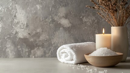 A minimalist spa scene featuring a white towel, candle, and bowl of sea salt, set against a plain background for a serene and relaxing vibe.