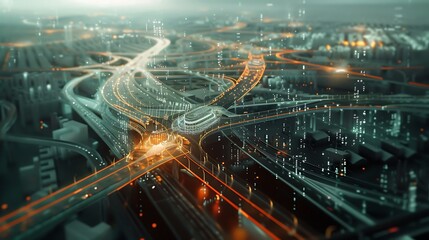 Digital rendition of a futuristic cityscape showcasing interconnected highways, glowing with data and information flows, symbolizing the concept of a smart and advanced urban environment.