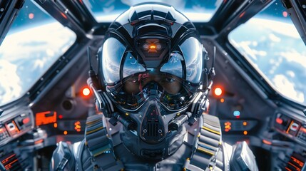 Fototapeta premium Astronaut in futuristic space suit gazing out at Earth from cockpit window.