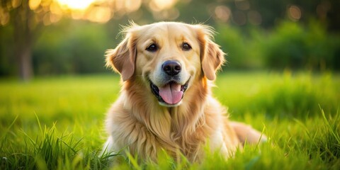 A close-up photo of a fluffy golden retriever playing in a grassy field, dog, pet, animal, playful, cute, furry, domestic