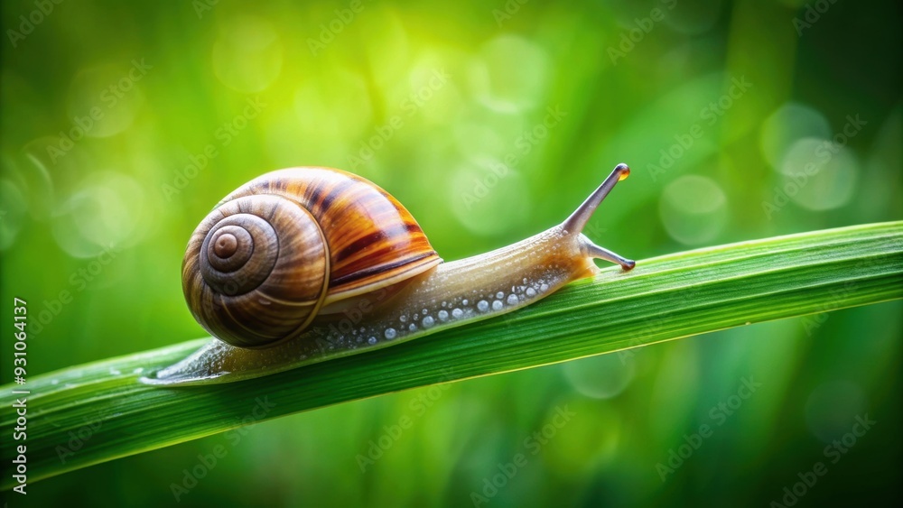 Wall mural Close-up of a snail crawling on a blade of grass with a green blurred background, snail, crawling, close-up, nature, wildlife, garden