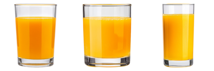 Three glasses of fresh orange juice in different sizes. Perfect for refreshing drinks and healthy lifestyle concepts.