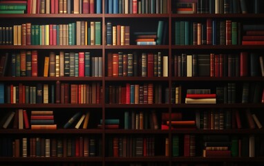 A detailed view of a wooden bookshelf filled with colorful books, showcasing a variety of sizes and styles for library lovers.