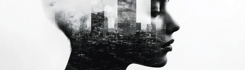 A creative double exposure image featuring a silhouette of a person with an urban landscape within their profile, symbolizing thoughts.