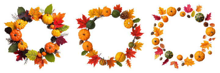 Colorful autumn wreaths made with fruits and leaves, perfect for seasonal decoration
