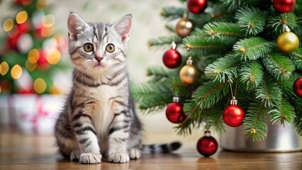 Adorable American Shorthair Silver Tabby kitten sitting under a Christmas tree, cat, sitting, Christmas tree