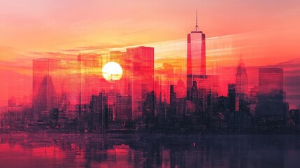 Fototapeta premium A vibrant sunset over a city skyline, showcasing a blend of colors reflecting off modern buildings.