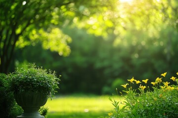 A serene garden filled with lush greenery and vibrant flowers, bathed in soft sunlight, perfect for relaxation and tranquility.