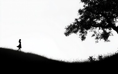 A solitary figure walks on a hilltop silhouette against a bright background, evoking tranquility and contemplation in nature.