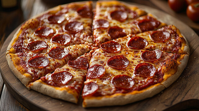 Pepperoni Pizza Delight: A mouthwatering pepperoni pizza, freshly baked and sliced, ready to satisfy your cravings. The cheesy goodness and savory pepperoni toppings are a classic combination that nev
