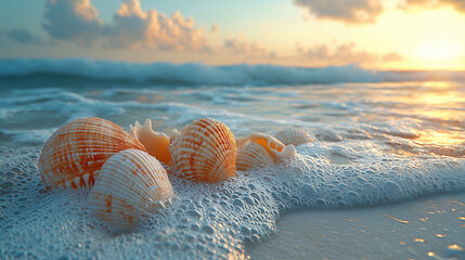 Seashells at Sunset's Embrace: A collection of seashells kissed by the gentle foam of an ocean wave, bathed in the golden glow of a tranquil sunset. 