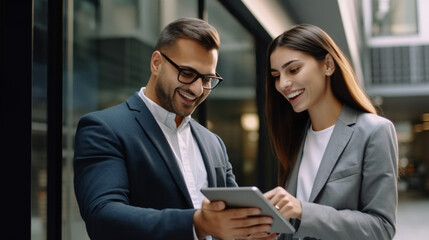 A portrait of two business people smiling and looking at an iPad, standing in front of the entrance to their office building while discussing work together. 