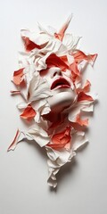 A surreal artwork featuring a white mask surrounded by delicate petals in shades of red and white, symbolizing beauty and transformation.