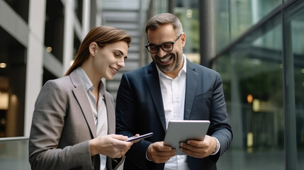 A portrait of two business people smiling and looking at an iPad, standing in front of the entrance to their office building while discussing work together. 
