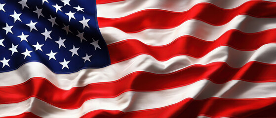 Obraz premium Close-up of the United States flag with waving fabric showing stars and stripes. Symbol of American patriotism, freedom, and independence.