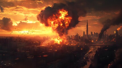 Obraz premium 85. A chaotic scene of a chemical explosion releasing toxic smoke into an urban environment