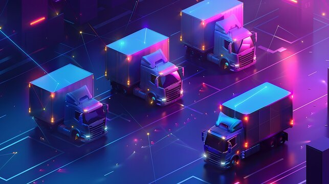 3D rendering of futuristic delivery trucks with neon glow, illuminated on a digital network cityscape. The image embodies a concept of future logistics and technology.
