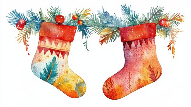 recommend clip art: Boho Christmas stocking holder clipart, with decorative feathers, watercolor illustration, warm tones, isolated on white background 